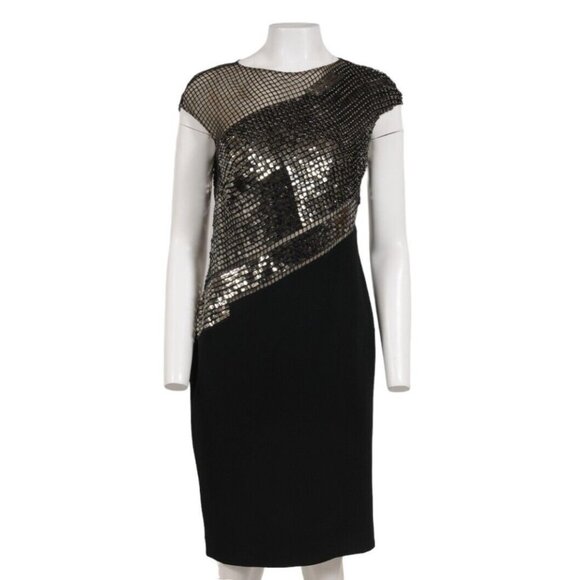 Pamella Roland Womens Sequin Mesh Midi Dress US 10 Black Silver Semi Sheer Short - Picture 1 of 12